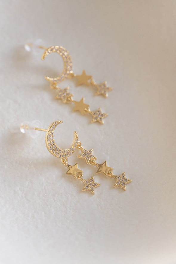 Isabella - 14k gold plated moon&star zircon drop earring