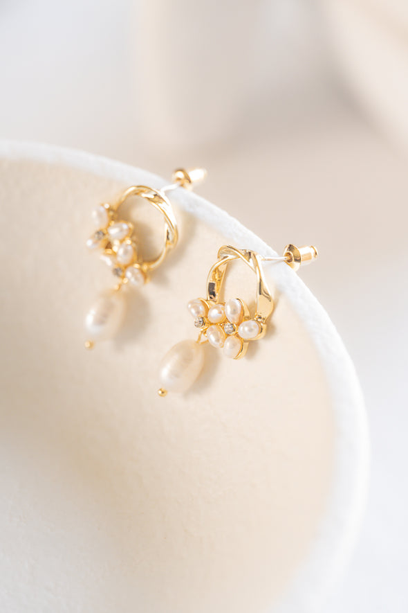 Darlene - 14k gold plated floral freshwater pearl drop earring