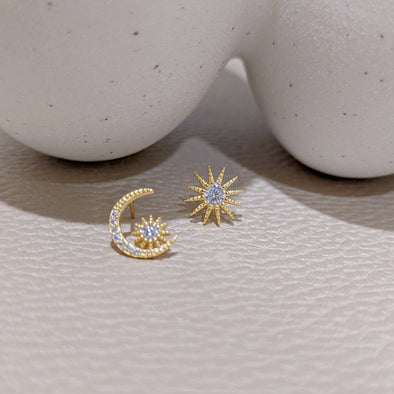 Maeve - 14k gold plated 925 sterling silver sun&moon stud mismatched stud earring